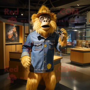 Gold Baboon mascot costume character dressed with a Denim Shirt and Brooches
