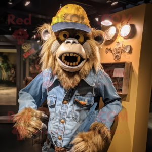 Gold Baboon mascot costume character dressed with a Denim Shirt and Brooches