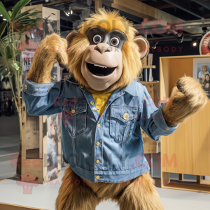 Gold Baboon mascot costume character dressed with a Denim Shirt and Brooches