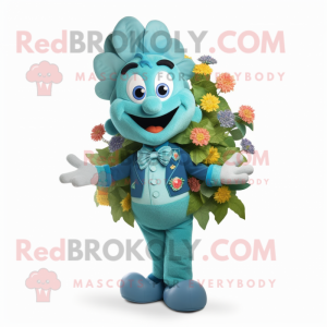 Turquoise Bouquet Of Flowers mascot costume character dressed with a Vest and Shoe clips