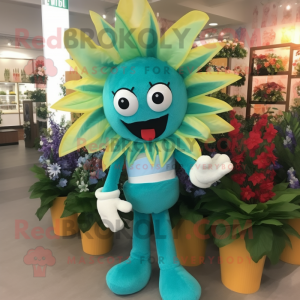 Turquoise Bouquet Of Flowers mascot costume character dressed with a Vest and Shoe clips