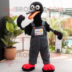 Black Flamingo mascot costume character dressed with a Dungarees and Gloves