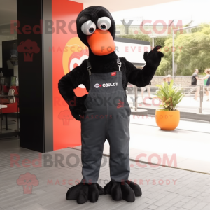 Black Flamingo mascot costume character dressed with a Dungarees and Gloves