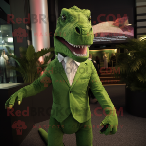 Green Tyrannosaurus mascot costume character dressed with a Suit Jacket and Tie pins