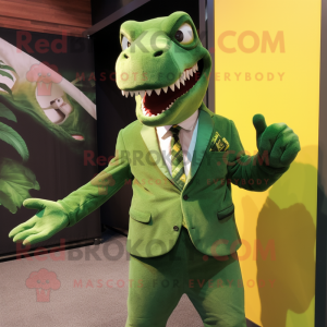 Green Tyrannosaurus mascot costume character dressed with a Suit Jacket and Tie pins