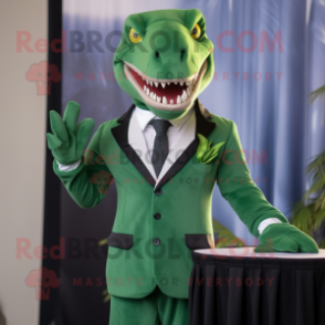 Green Tyrannosaurus mascot costume character dressed with a Suit Jacket and Tie pins