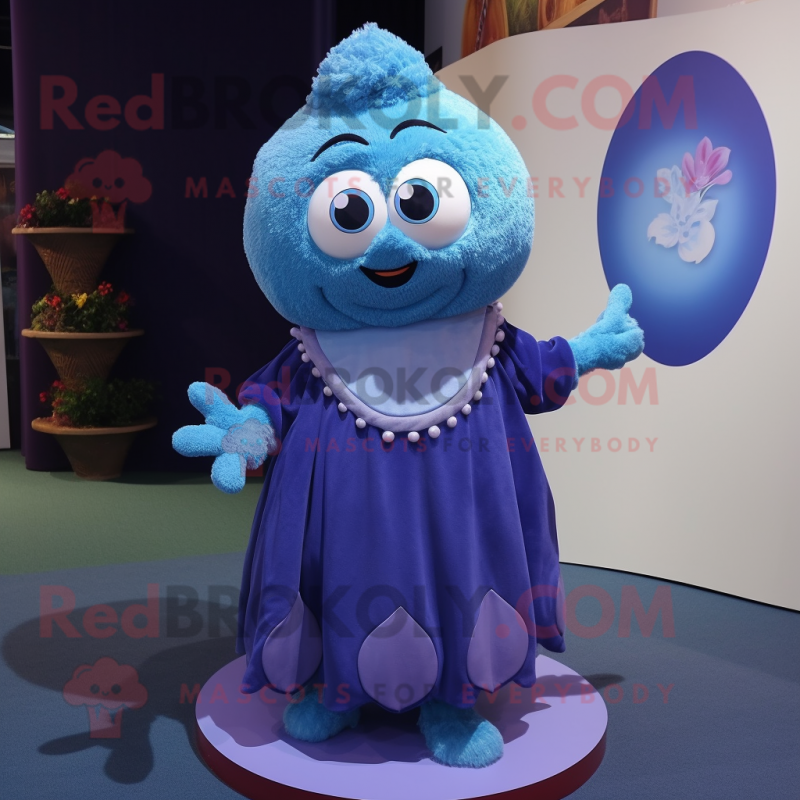 Blue Plum mascot costume character dressed with a Playsuit and Shawl pins Blue Plum mascot costume character dressed with a Playsuit and Shawl pins