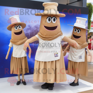 Tan Moussaka mascot costume character dressed with a Midi Dress and Hats