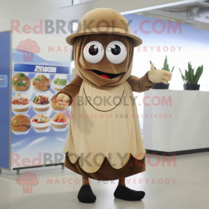 Tan Moussaka mascot costume character dressed with a Midi Dress and Hats
