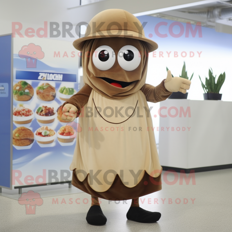 Tan Moussaka mascot costume character dressed with a Midi Dress and Hats Tan Moussaka mascot costume character dressed with a Midi Dress and Hats