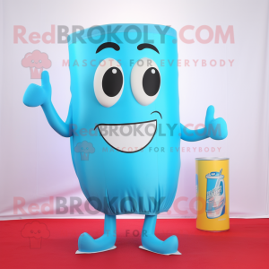 Cyan Soda Can mascot costume character dressed with a Shorts and Cummerbunds