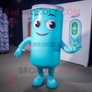 Cyan Soda Can mascot costume character dressed with a Shorts and Cummerbunds