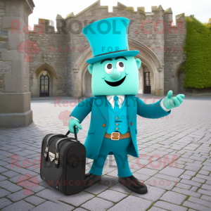 Turquoise Irish Castle mascot costume character dressed with a Suit Pants and Briefcases