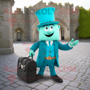 Turquoise Irish Castle mascot costume character dressed with a Suit Pants and Briefcases