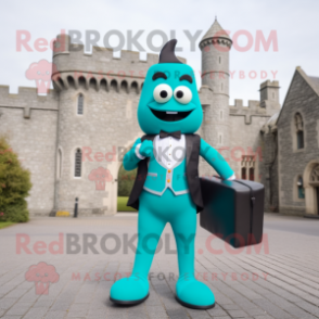 Turquoise Irish Castle mascot costume character dressed with a Suit Pants and Briefcases