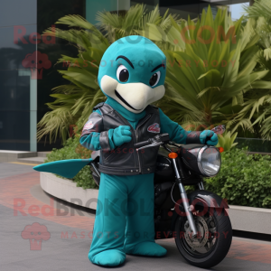 Teal Dolphin mascot costume character dressed with a Biker Jacket and Clutch bags