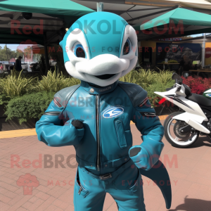 Teal Dolphin mascot costume character dressed with a Biker Jacket and Clutch bags