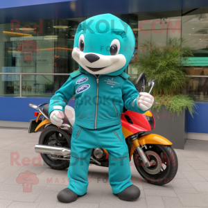 Teal Dolphin mascot costume character dressed with a Biker Jacket and Clutch bags