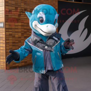 Teal Dolphin mascot costume character dressed with a Biker Jacket and Clutch bags