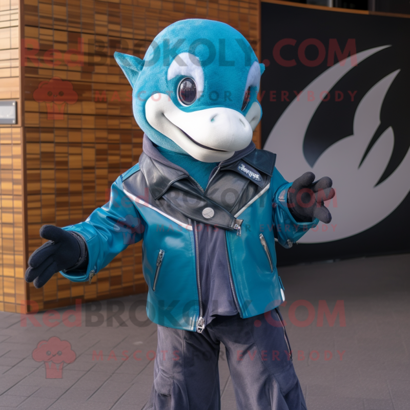 Teal Dolphin mascot costume character dressed with a Biker Jacket and Clutch bags