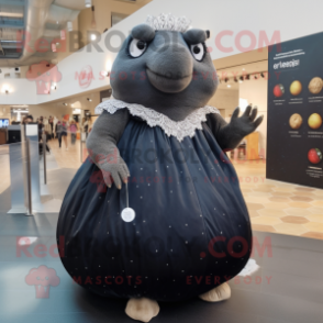 Black Glyptodon mascot costume character dressed with a Ball Gown and Coin purses