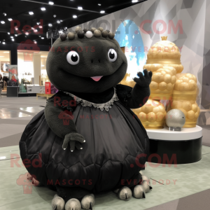 Black Glyptodon mascot costume character dressed with a Ball Gown and Coin purses