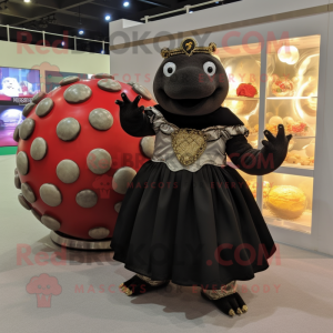 Black Glyptodon mascot costume character dressed with a Ball Gown and Coin purses