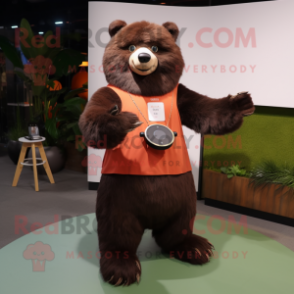 Rust Sloth Bear mascot costume character dressed with a A-Line Skirt and Smartwatches