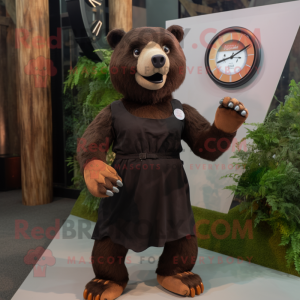 Rust Sloth Bear mascot costume character dressed with a A-Line Skirt and Smartwatches