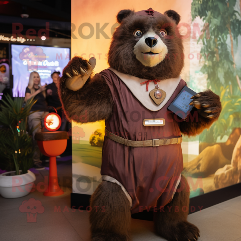 Rust Sloth Bear mascot costume character dressed with a A-Line Skirt and Smartwatches Rust Sloth Bear mascot costume character dressed with a A-Line Skirt and Smartwatches