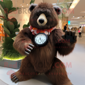 Rust Sloth Bear mascot costume character dressed with a A-Line Skirt and Smartwatches