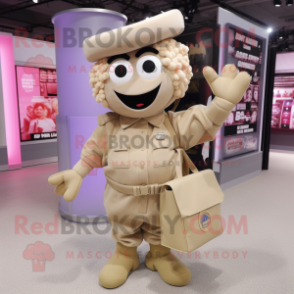 Beige Soldier mascot costume character dressed with a Mini Skirt and Tote bags