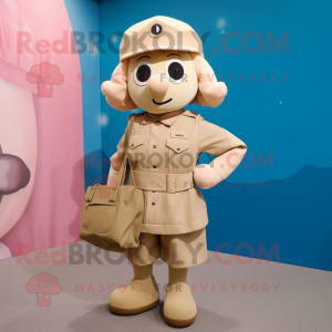 Beige Soldier mascot costume character dressed with a Mini Skirt and Tote bags