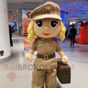 Beige Soldier mascot costume character dressed with a Mini Skirt and Tote bags