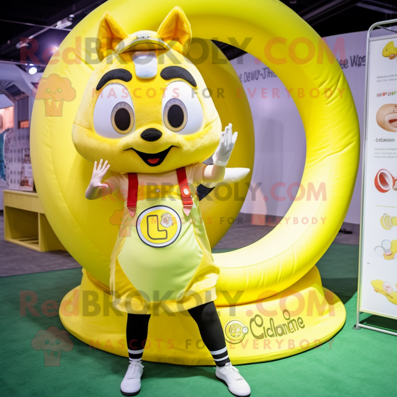 Lemon Yellow Chipmunk mascot costume character dressed with a Bikini and Rings Lemon Yellow Chipmunk mascot costume character dressed with a Bikini and Rings