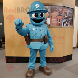 Cyan Soldier mascot costume character dressed with a Leather Jacket and Tie pins