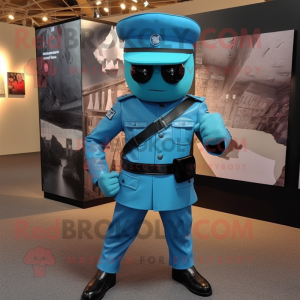 Cyan Soldier mascot costume character dressed with a Leather Jacket and Tie pins