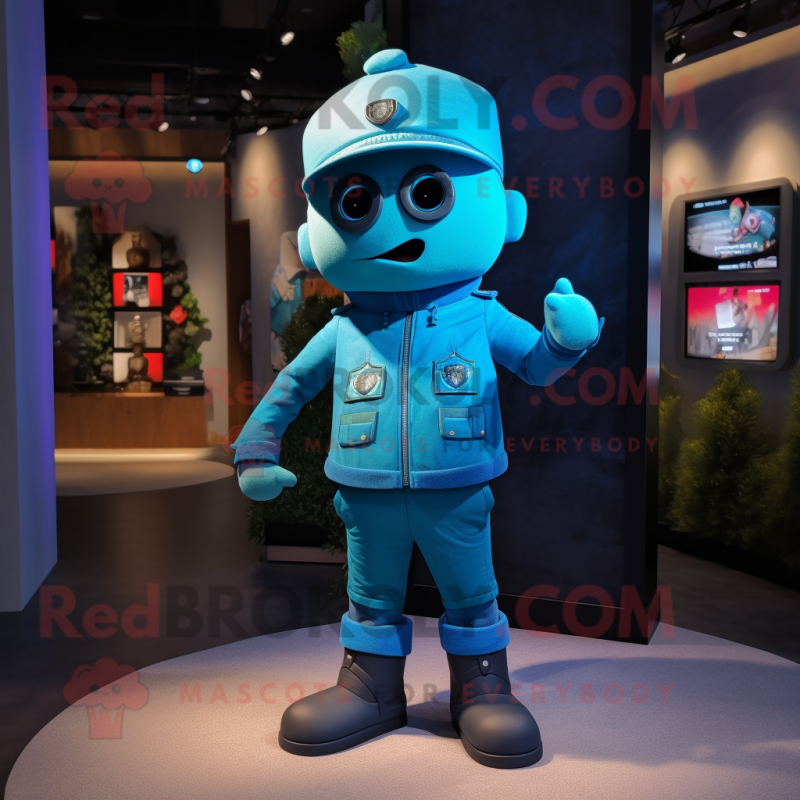 Cyan Soldier mascot costume character dressed with a Leather Jacket and Tie pins Cyan Soldier mascot costume character dressed with a Leather Jacket and Tie pins