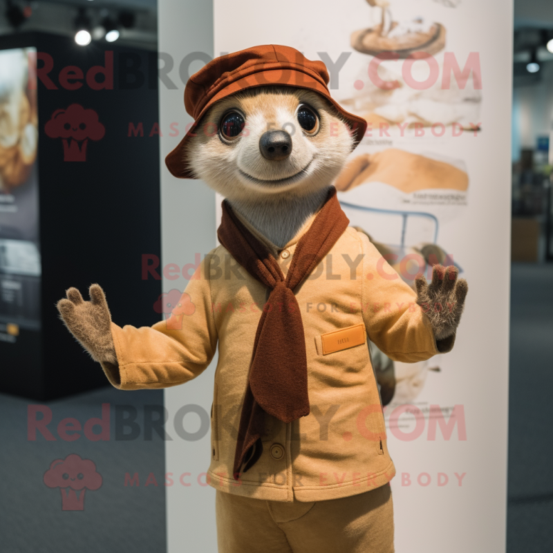 Rust Meerkat mascot costume character dressed with a Cardigan and Hats Rust Meerkat mascot costume character dressed with a Cardigan and Hats