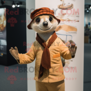 Rust Meerkat mascot costume character dressed with a Cardigan and Hats