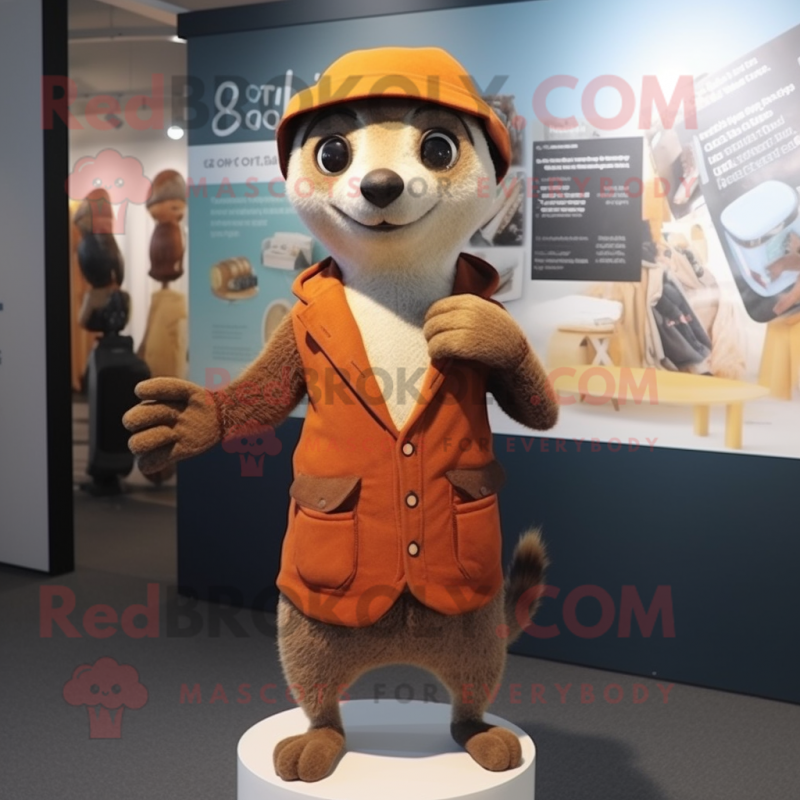 Rust Meerkat mascot costume character dressed with a Cardigan and Hats