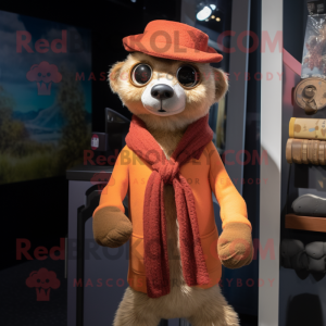 Rust Meerkat mascot costume character dressed with a Cardigan and Hats