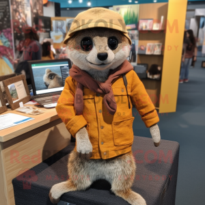 Rust Meerkat mascot costume character dressed with a Cardigan and Hats