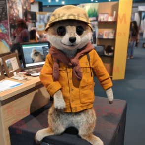 Rust Meerkat mascot costume character dressed with a Cardigan and Hats