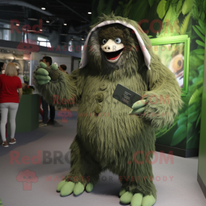 Forest Green Giant Sloth mascot costume character dressed with a Skirt and Cufflinks