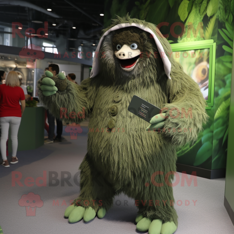 Forest Green Giant Sloth mascot costume character dressed with a Skirt and Cufflinks