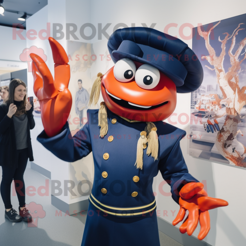 Navy Lobster Bisque mascot costume character dressed with a Bikini and Berets Navy Lobster Bisque mascot costume character dressed with a Bikini and Berets