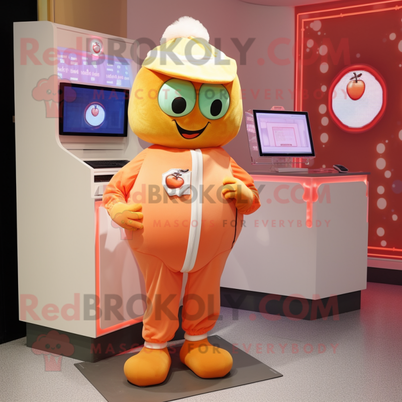 Peach Computer mascot costume character dressed with a Romper and Scarf clips Peach Computer mascot costume character dressed with a Romper and Scarf clips