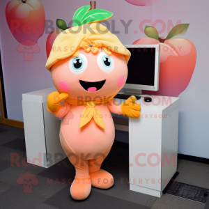 Peach Computer mascot costume character dressed with a Romper and Scarf clips