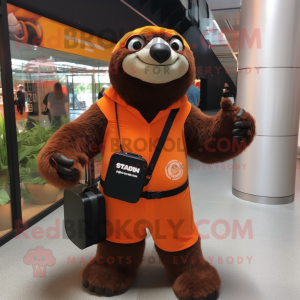 Orange Giant Sloth mascot costume character dressed with a Tuxedo and Messenger bags
